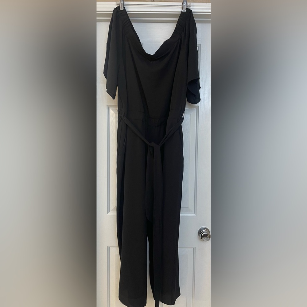 City Chic Black Off-Shoulder Jumpsuit with Belt